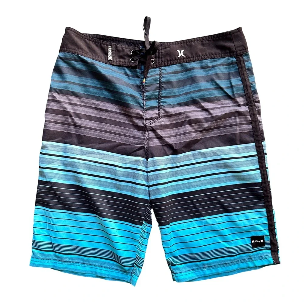Hurley Mens Board Shorts Blue Teal Striped Swim Trunks Size 31 Surf Beachwear